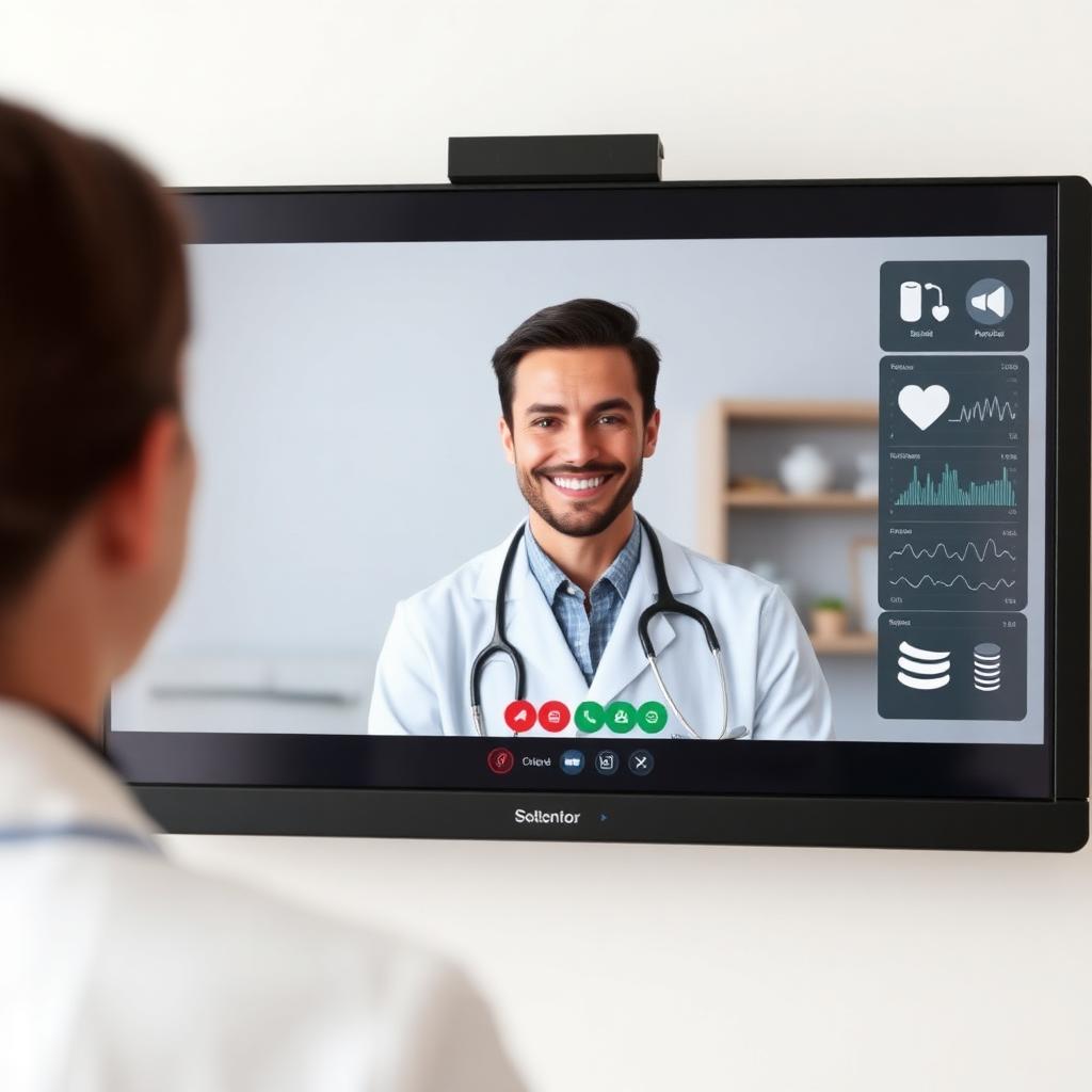 Doctor on video consultation with vitals overlay
